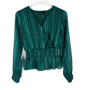 NWOT Japna Long Sleeve Striped Metallic Surplice Top Green Size XS NEW